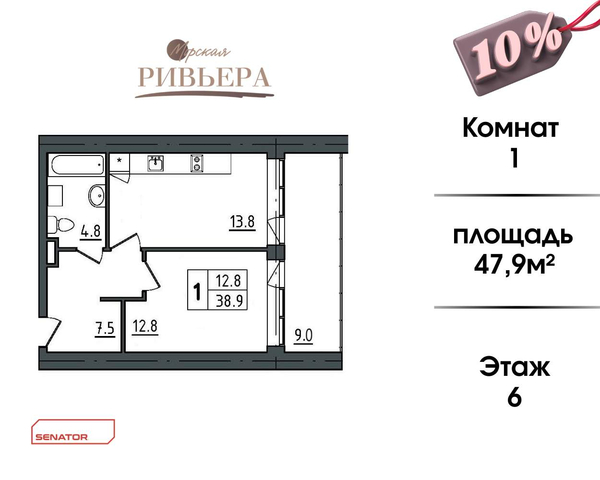 Продаются 1 комн. апартаменты 47.9 м2 в новостройке
